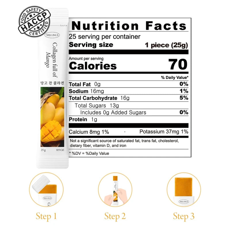 WELLINUS Collagen Full of Mango, Jelly Stick, Marine Collagen, Fast Absorbing, Snack, Ultra-Low Weight Molecular Marine Collagen, HACCP Certified, 22.05 oz/Pack of 25