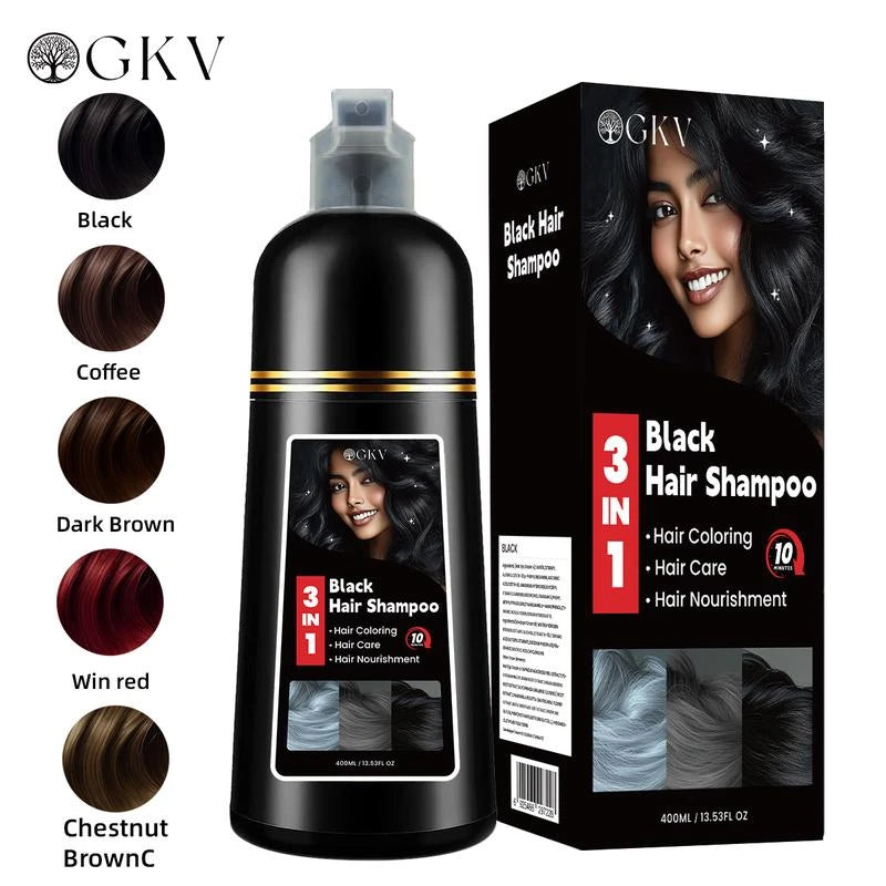 GKV 3 in 1 Hair Color Shampoo - Various Colors to Choose from, Herbal Ingredients Natural Shampoo, Botanical Hair Care, Black Hair Dye - Color: Chestnut Brown