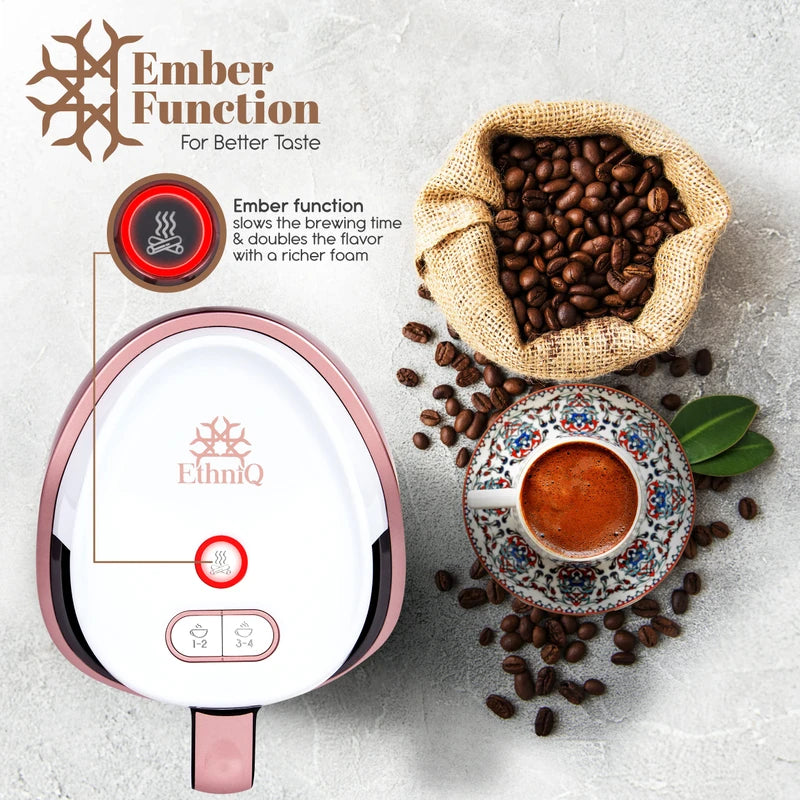 ETHNIQ Turkish Coffee Maker - 100% BPA Free, 120V, 1 to 4 Cup Brewing Capacity with Cook Sense Technology for Delicious Cup of Turkish & Greek Coffee, Turkish Coffee Pot (White/Rose)