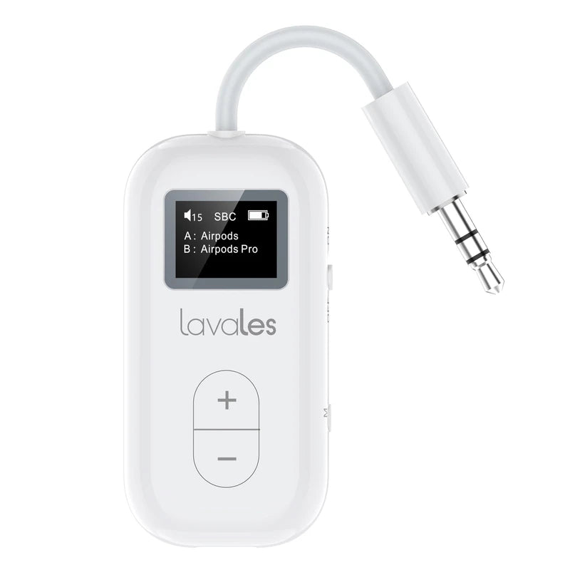 SafeFly Dual Premium Bluetooth 5.3 Transmitter Bluetooth Adapter w/Screen for AirPods or Wireless Headphones - Use with Any 3.5 mm Audio Jack for Airplanes, TV, MP3 Player, PC, Switch