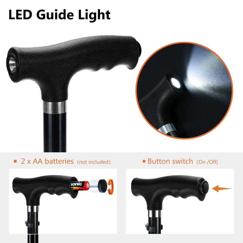 KAKICLAY Folding Walking Cane with LED Light for Men & Women, Foldable Lightweight Heavy Duty Aluminum Walking Stick for Seniors & Adults (Black)