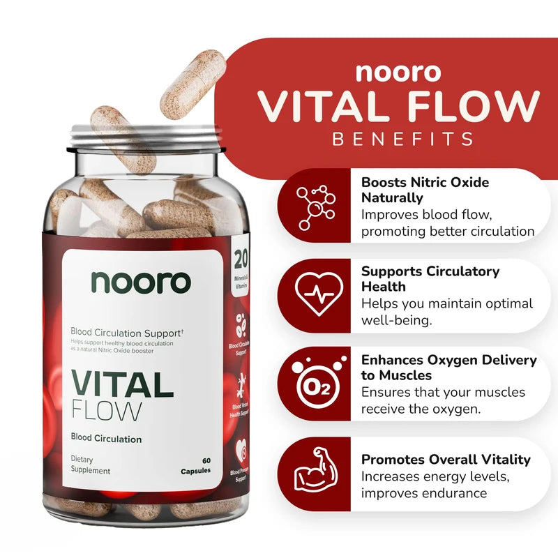 nooro Vital Flow Advanced Blood Circulation Supplement with Nitric Oxide Boost, Vitamin D3, Magnesium, Probiotic Blend, Veins Support Non-GMO and Gluten Free 120 Capsules
