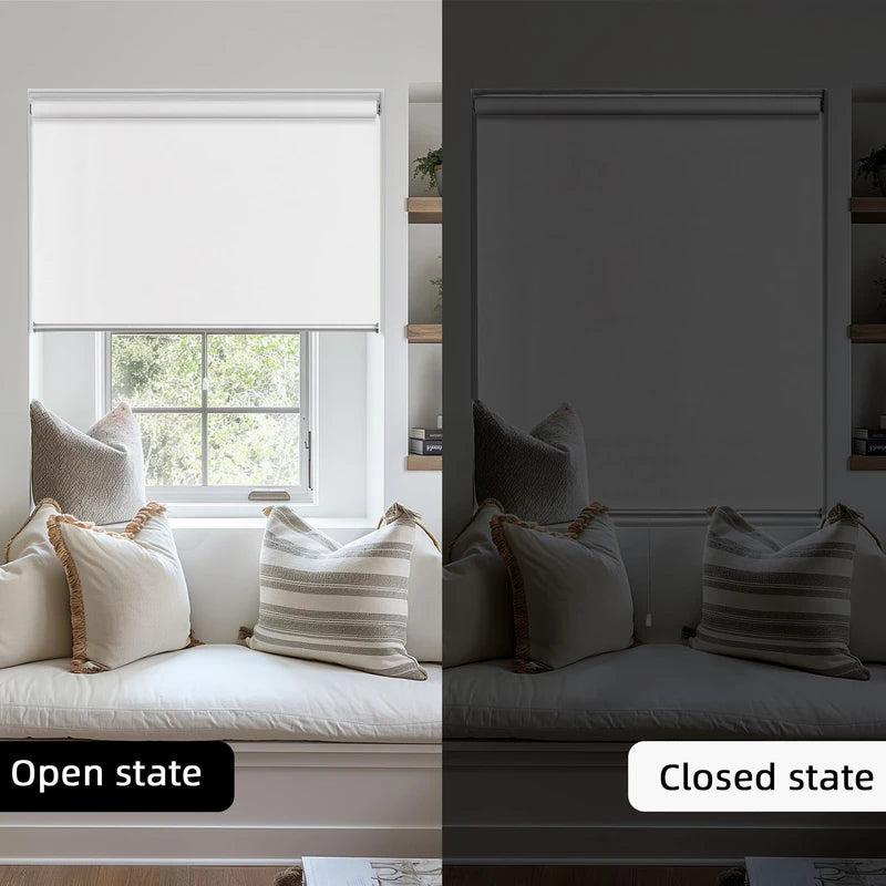 ChrisDowa Blackout Roller Shade Cordless Blinds for Indoor Windows Total Black Out Pull Down 34 Inch Blinds with Jacquard Fabric Thermal Insulated UV Protection for Home, Office (White, 34"W x 72"H)