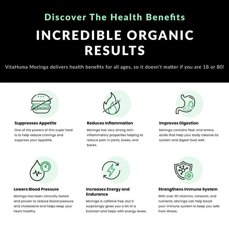 Vitahuma Organic Moringa, Nutrient-Dense Antioxidant Support With Vitamin C, A, E, Calcium, Potassium, Iron, Magnesium, Protein & Amino Acids for Hydration & Energy, Vegan, 1200 MG Per Serving, 30 Day Supply
