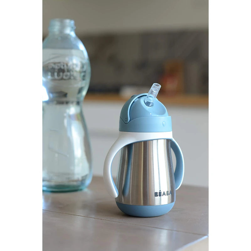 Beaba Stainless Steel Straw Sippy Cup, Insulated Toddler Cups Spill Proof with Removable Handles, Made with High Grade Stainless Steel, 8+ Months, 8.5 oz, (Rain)