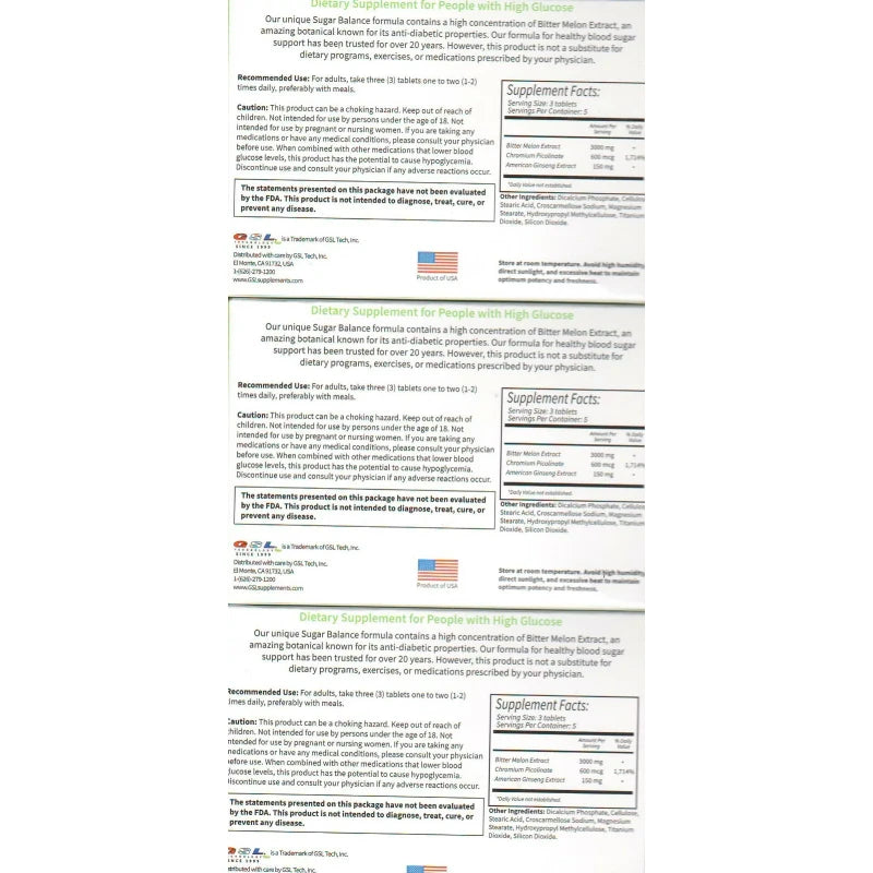 GSL Technology 3 Pack Sugar Balance Supplement for People with High Glucose 45 Tablets