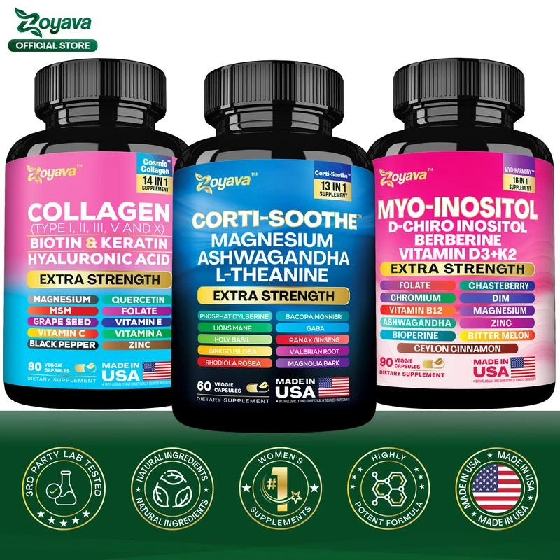 She Shines Set - Zoyava Ultimate Women's All-in-One Supplement with Corti-Soothe, Myo-Inositol, Collagen & Extra Strength Ingredients - Made in USA