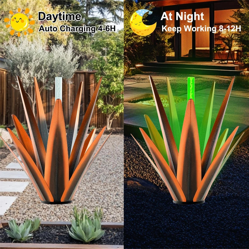 TOMBABY Solar Metal Agave Plants Gargen Lawn Ornaments Home Decoration,Solar Panel Tequila Sculpture for Outdoor Patio Yard Light Up at Night,Gifts for Friends or Family (2, coppery)
