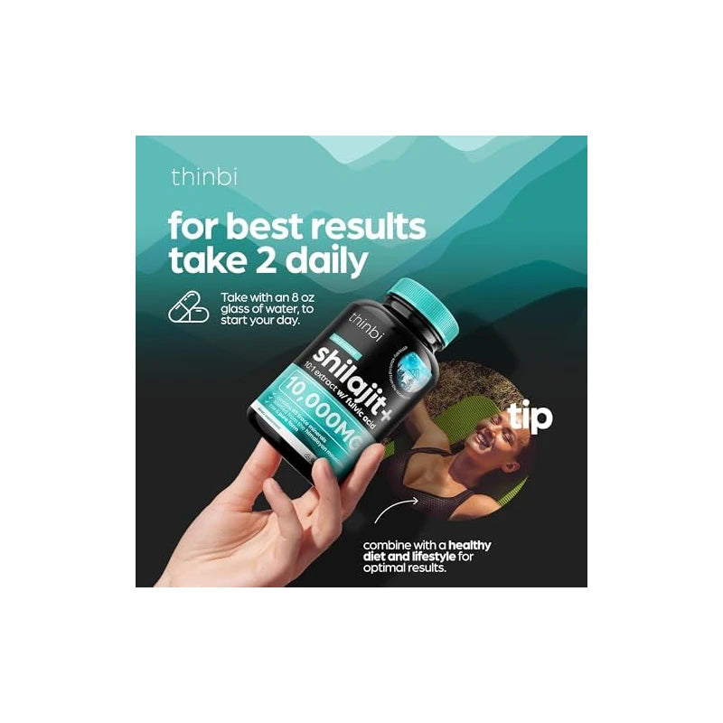 Thinbi Pure Himalayan Shilajit 10000mg Maximum Potency Organic Capsules 90 Count with Fulvic Acid & Trace Minerals for Enhanced Energy and Immune Support Men & Women Better Than Shilajit Resin