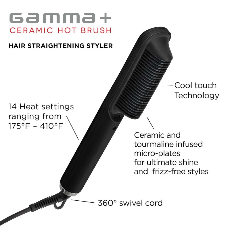 GAMMA+ Cepillo caliente de cerámica con tecnología Cool Touch que reduce el encrespamiento, la estática y alisa el cabello