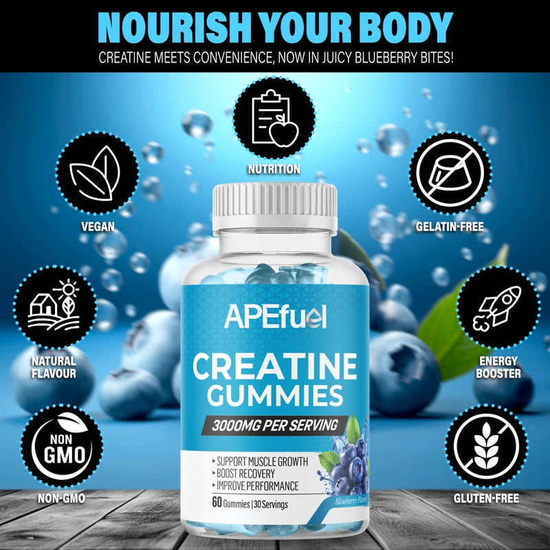 APEfuel Creatine Gummies for Men & Women - Sugar-Free Blueberry Flavored Pre-Workout Gummies for Muscle Growth, Strength & Cognitive Support - 3000mg Creatine Dietary Supplement (30-Days Supply)