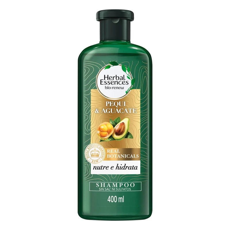 HERBAL ESSENCES Bio:Renew, Shampoo sin sulfatos ni parabenos para cabello seco, maltratado y/o rizado Nutre e Hidrata Pequi & Aguacate 400 ml