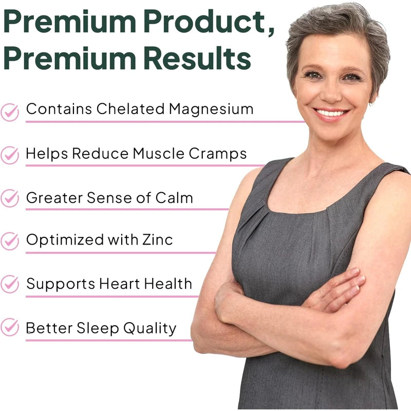 Glicinato de magnesio puro con zinc, suplemento de magnesio quelado de máxima resistencia para mujeres y hombres para calambres musculares y apoyo para el sueño, 90 cápsulas