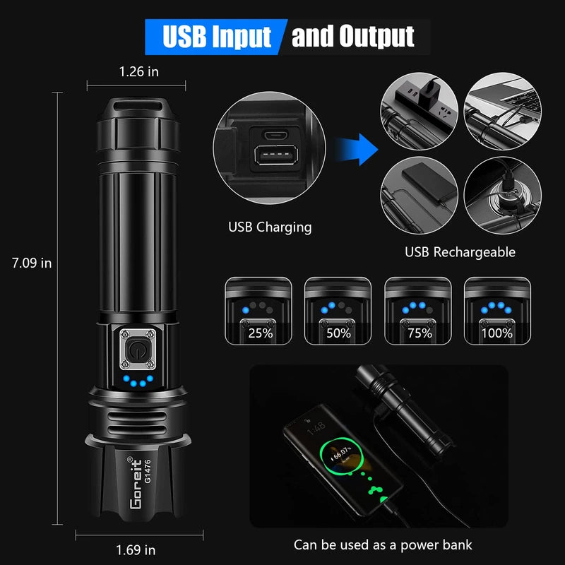 Goreit Flashlight High Lumens Rechargeable, 200000 Lumen Led Flashlights XHP70.2 USB Super Bright Flash Light Battery Powered, Powerful Handheld Flashlights for Emergencies Camping, IP67 Waterproof