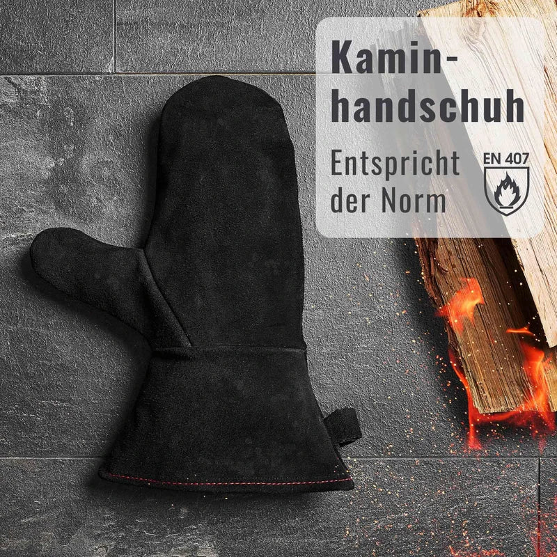 Achilles Fireplace Gloves, Oven Gloves, Grill Gloves, Fireproof Made of Leather with Thermal Insulation, Black