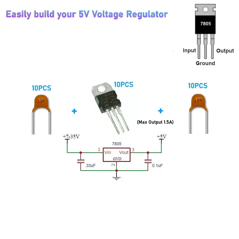 Electronic Voltage Regulator 10 Piece L7805CV L7805 7805 Positive Voltage Regulator 5V 1.5A TO-220 IC (KIT)