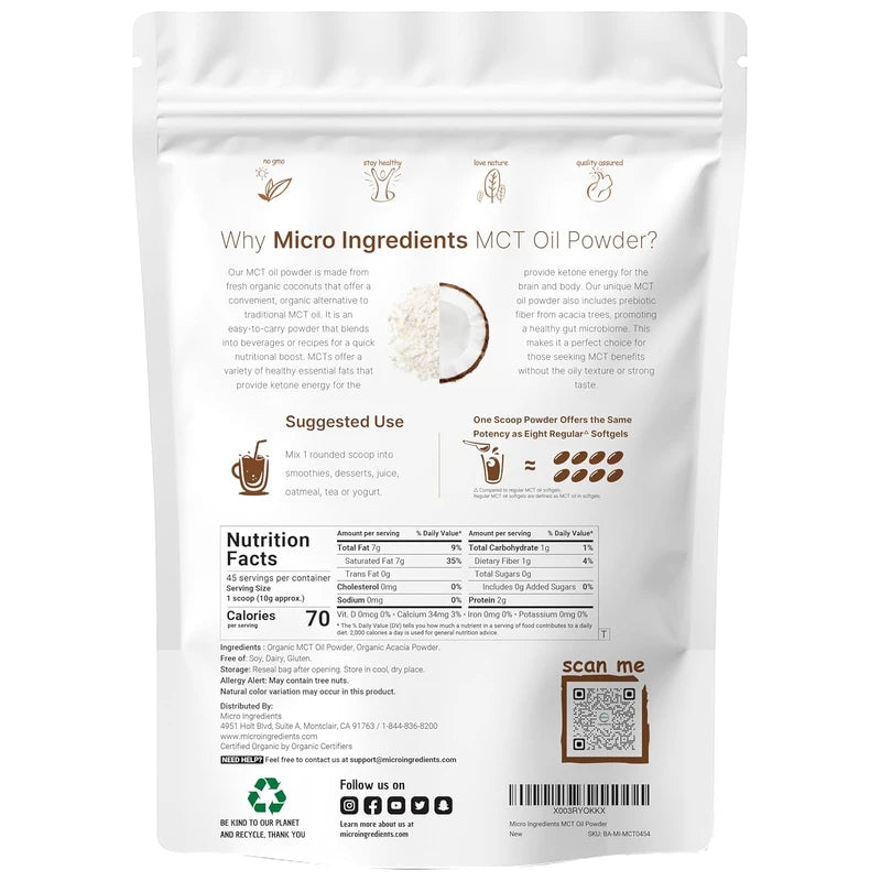 Organic MCT Oil Powder with Prebiotic Fiber,1 Pound(16 Ounce), Fast Fuel for Body and Brain, C8 MCT Oil for Coffee Creamer, No GMOs, Keto Diet, Vegan