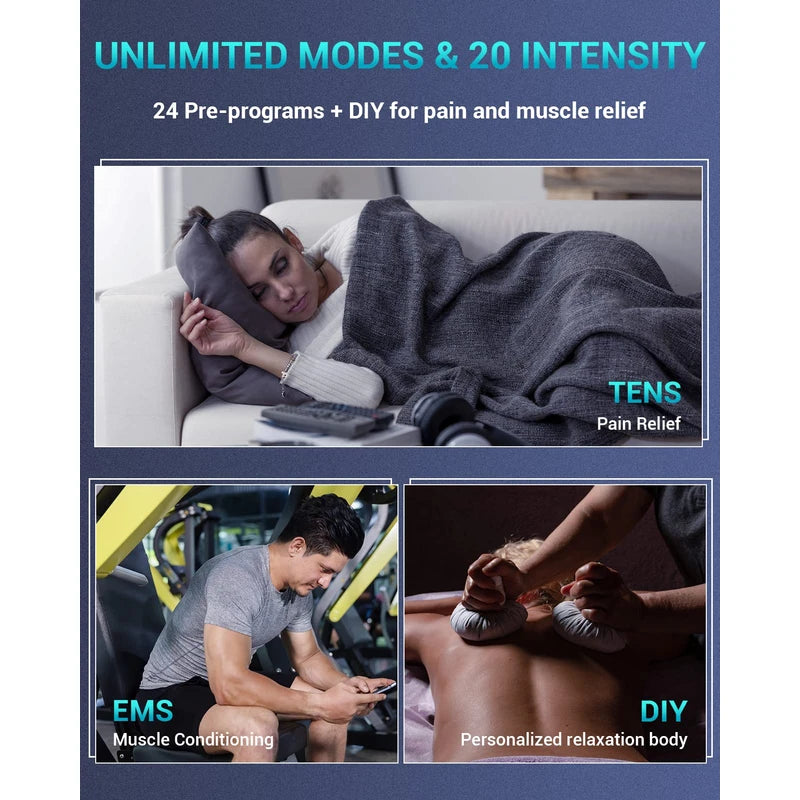 Comfytemp 3-IN-1 TENS Machine for Pain Relief, Dual Channel EMS Muscle Stimulator with 24 Modes, 10 Pads, Rechargeable TENS Unit for Back, Knee, Hip, Endometriosis, Sciatica, Fibromyalgia, Period Pain