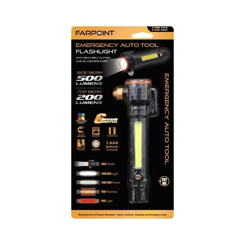 Farpoint Emergency Auto Tool - Seat Belt Cutter Glass Breaker 6 Mode Flashlight