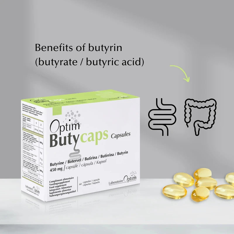 Optim Butycaps 60 Capsules - Liquid Butyrin 450 mg - Butyric Acid Butyrate - Transit, Colon & Leak Bowel - Dietary Supplement