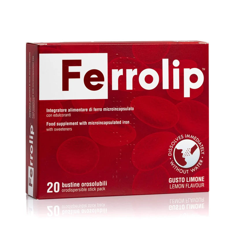 Ferrolip - Microencapsulated Iron Supplement - For Women of Reproductive Age and Pregnant Women - Lemon Flavour - 20 Single Dose Buccal Bags