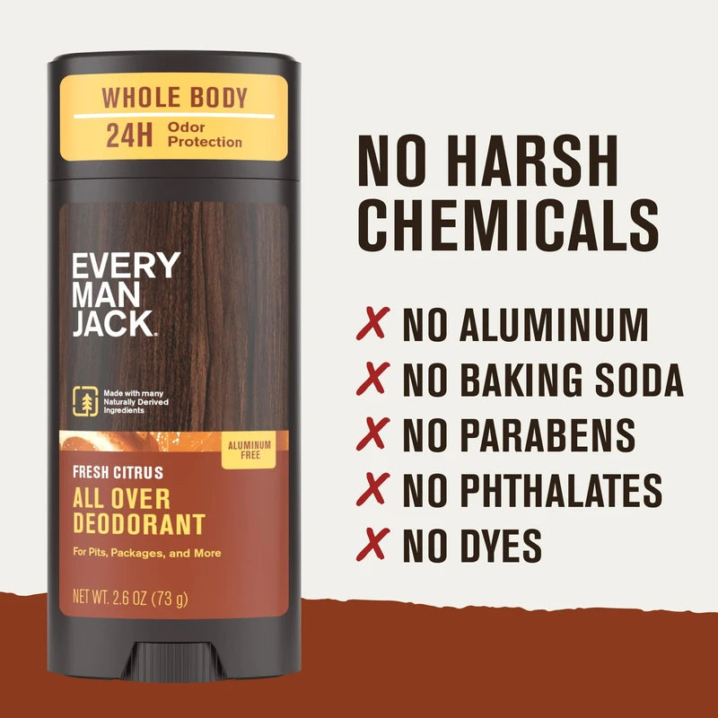 Every Man Jack All Over Deodorant - 24 Hour Whole Body Odor Protection - Aluminum Free - Fresh Citrus Scent 2.6 oz (1 Pack)