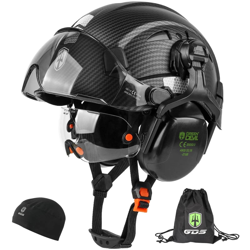 GREEN DEVIL Hard Hat Safety Helmet with Visor and Ear Muffs Men Women Vented Work Hardhat ANSI Z89.1 Cascos De Construccion for Industrial Construction Forestry
