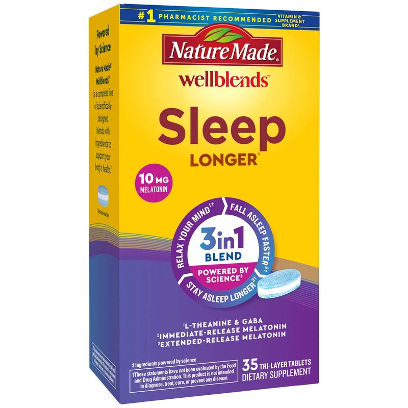Nature Made Nature Made Wellblends Sleep Longer, Melatonin 10mg, L theanine 100 mg, and GABA 100mg, Sleep Supplement, 35 Tri-Layer Tablets