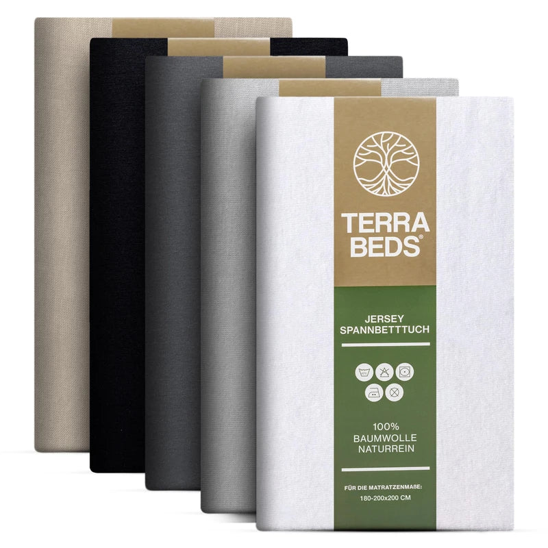 Terra Beds Premium Fitted Sheet, Flat Sheet 180 x 200 cm, 200 x 200 cm 160 g/m², 100% High-Quality Oeko-Tex Cotton Jersey Bed Sheet, Available in 5 Colours