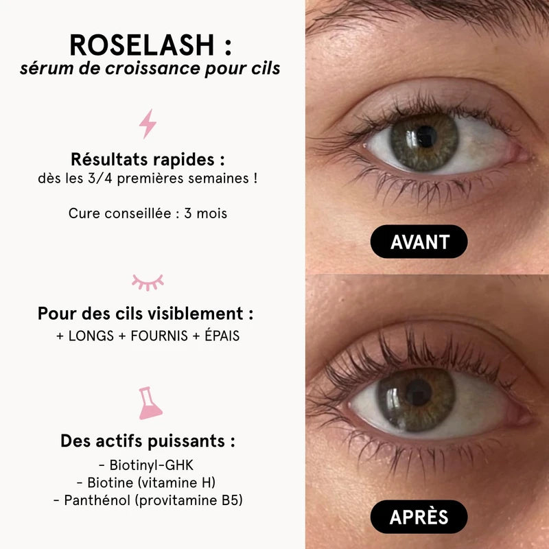ROSEGOLD ROSELASH Natural Eyelash Growth Serum Fuller Longer and Thicker Eyelashes - 95% Natural Made in France - Hormone-Free, Fragrance-Free - Vegan - 1 Month