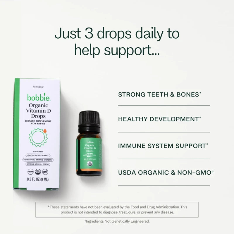 Bobbie Bobbie Organic Baby Vitamin D Drops, Daily Liquid Supplement to Support Development, Immune Health and Strong Teeth and Bones* in Newborn Babies and Infants, Vegan, Infant Vitamin D, 400 IU, 0.3 fl oz