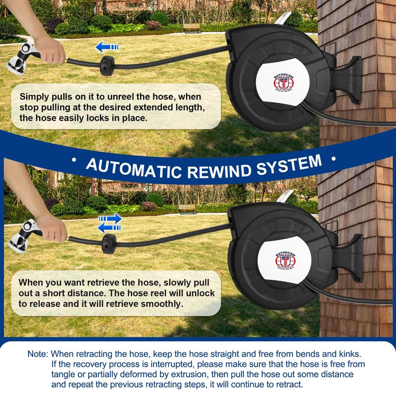 Retractable Garden Hose Reel by BSTOKCAM, 5/8" x 66ft Hybrid Rubber Hose, Water Hose Reels Automatic Rewind Storage, 10 Patterns Nozzle Included