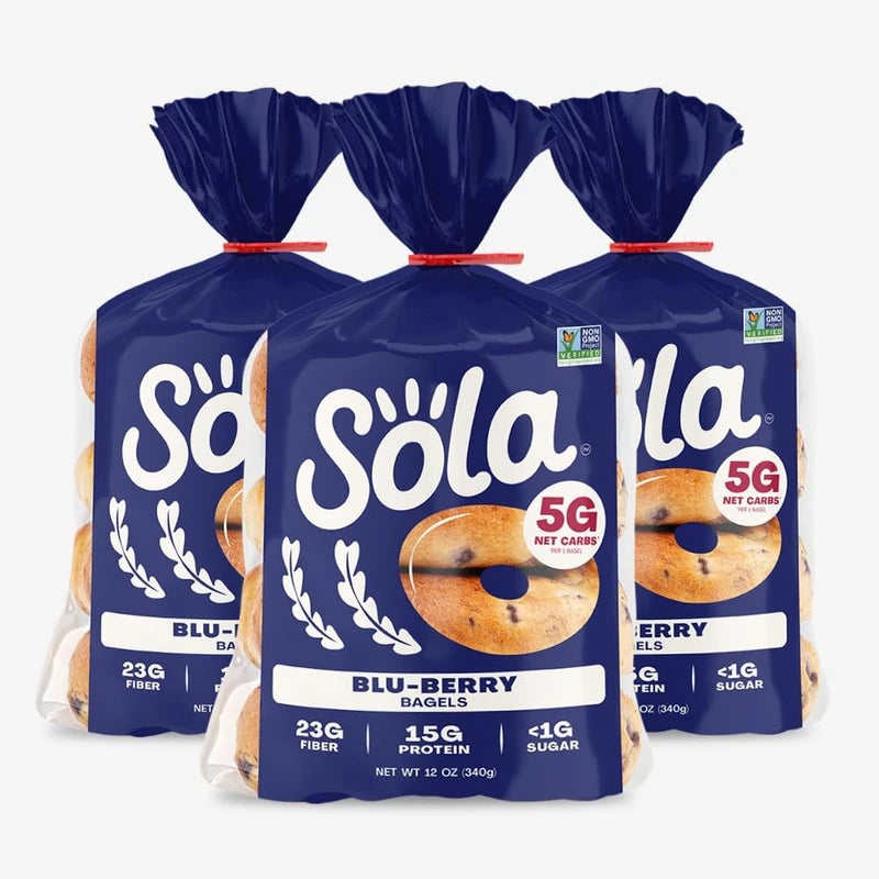 SOLA Low Carb & Keto Friendly Bagels, Blu-berry - 5g Net Carbs & 15g of Protein, No Added Sugar, Plant based, Low Calorie Bagels - 12 oz (4 Bagels/Pack) (Pack of 3)
