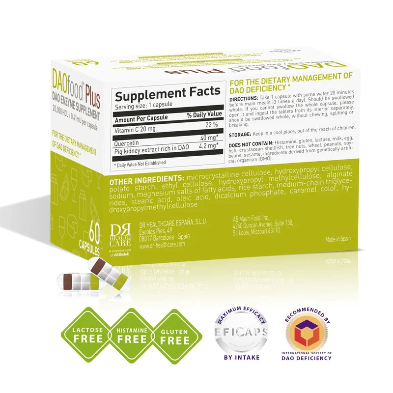 DR Healthcare DAOfood Plus - Dietary Management of DAO Deficiency/Histamine Intolerance - 60 EFICAPS Capsules with Gastro-Resistant Tablets - DAO Enzyme, Quercetin and Vitamin C