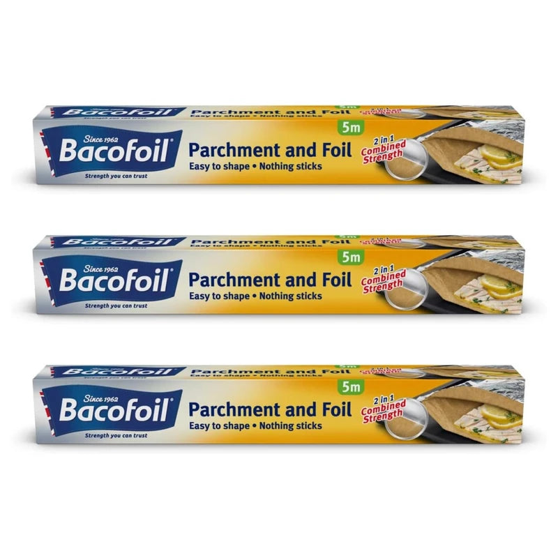 Foil and Parchment Paper 2 in 1 Easy to Shape 5m x 30cm | Durable and Tear Resistant | Non-Stick Coating - Pack of 3 Rolls
