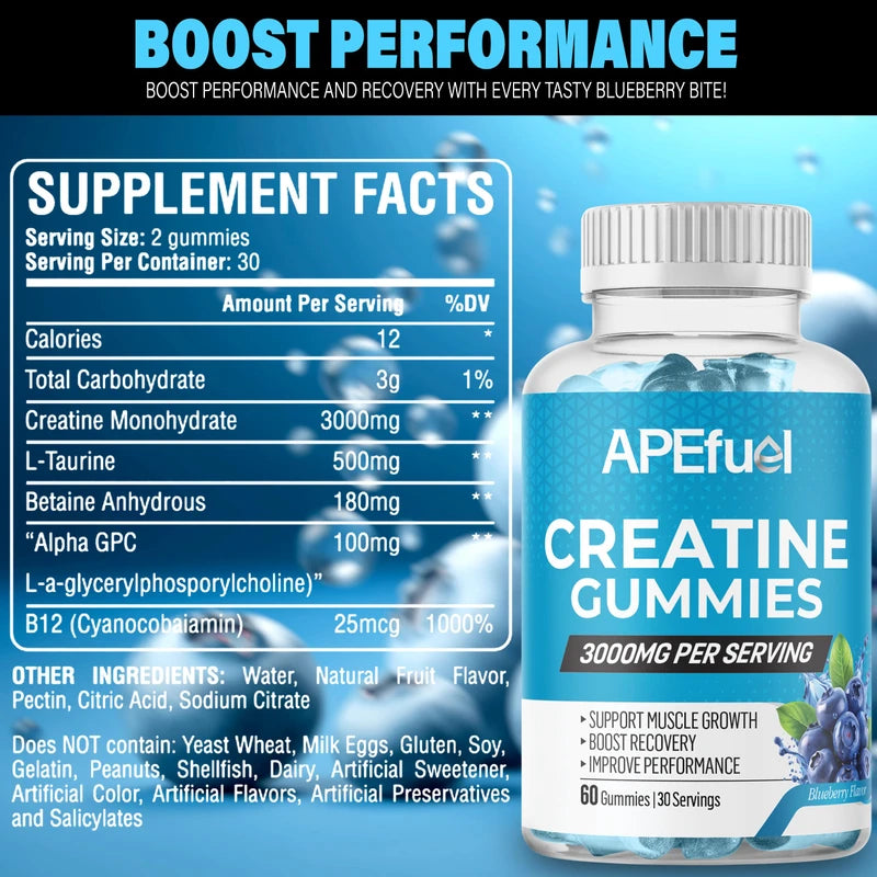 APEfuel Creatine Gummies for Men & Women - Sugar-Free Blueberry Flavored Pre-Workout Gummies for Muscle Growth, Strength & Cognitive Support - 3000mg Creatine Dietary Supplement (30-Days Supply)