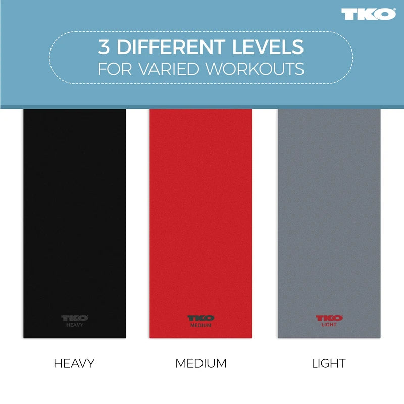 TKO Resistance Bands Set 3-Pack - 3 Latex-Free Rubber Flat Exercise Bands in Light, Medium, and Heavy Resistance Levels for Physical Therapy, Stretching, Strength Training (3-Pack, Black/Red/Gray)