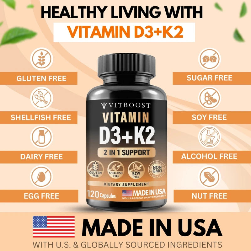 VITBOOST Vitamin D3 K2 Complex - Easy to Swallow - Vitamin D (D3) 5000 IU (125 mcg) & K2(MK-7) 90 mcg | Non-GMO | Gluten-Free | USA Made | 120 Capsules