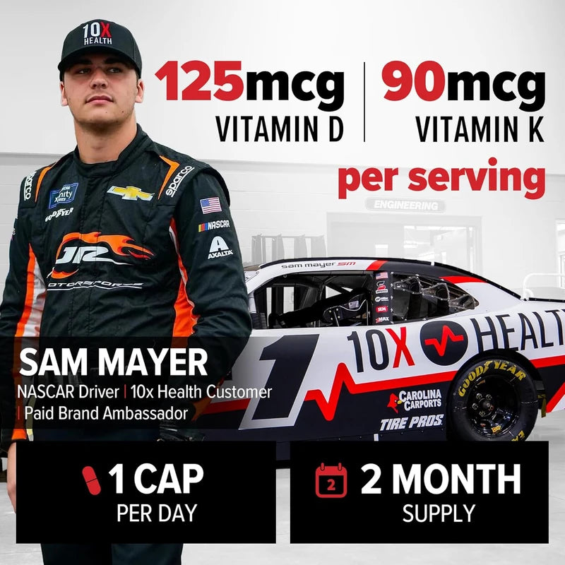 Vitamin D3 K2, 10X Health Vitamin D3 K2 - Loaded with 125 mcg Vitamin D and 90 mcg Vitamin K (Menaquinone 7) - D3 and K2 Supplements That Support Bone Health, Heart and Teeth - 60 Capsules