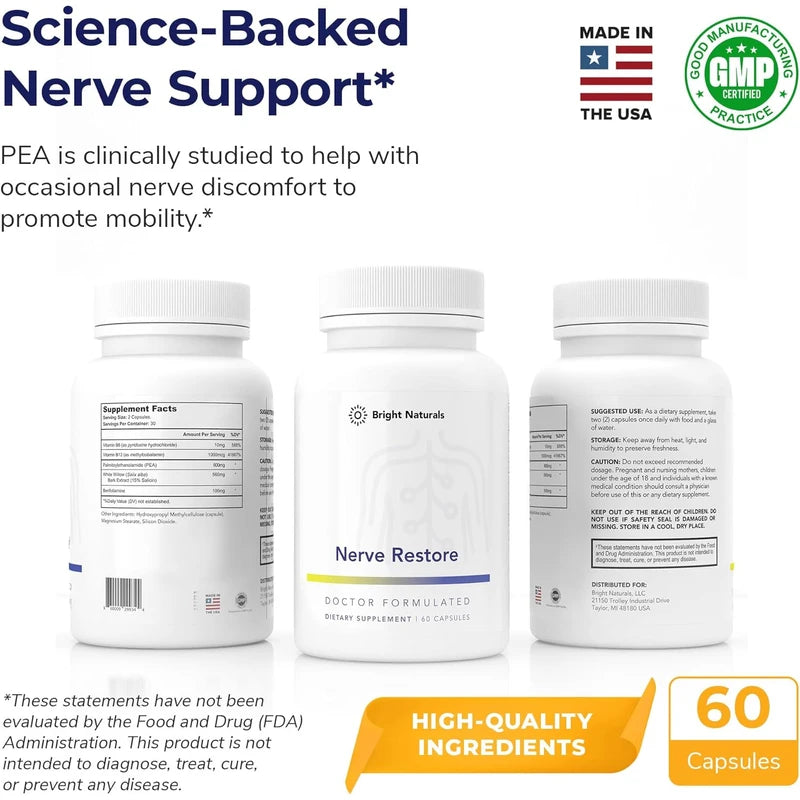 Nerve Restore - Nerve Support Supplement - Includes Pea, White Willow, and B-Vitamin Nerve Support Complex for Advanced Nerve Health Support - Made in The USA, 60 Capsules