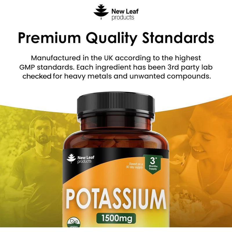 Potassium Supplements High Strength - 180 Vegan Potassium Tablets Mineral Electrolytes Supplement Contributes to Normal Muscle Function, Nervous System - Gluten-Free, Non-GMO, Made in UK by New Leaf