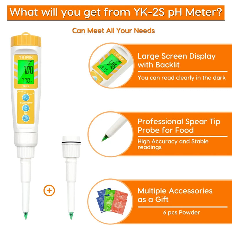 YINMIK Food pH Meter with Extra pH Replaceable Probe,Digital pH Tester for Sourdough and Bread,Food pH Tester for Meat,Canning,Cheese,Solid Samples, Soft Soil and Water