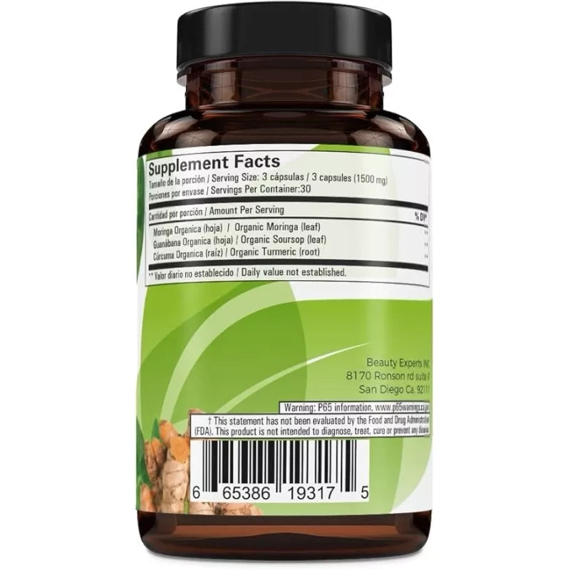 B-Expert Moringa, Guanabana y Cúrcuma (Moringa, Guanábana y Cúrcuma) 90 cápsulas 1500 mg