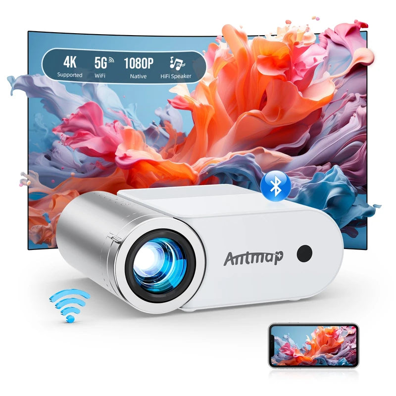 Projector with WiFi and Bluetooth, antmap Mini Projector for Phone Native 1080P Bluetooth Projector Wireless WiFi Projector Compatible with Phone/Tablet/Laptop/TV Stick/Game Console