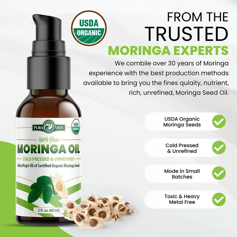 PURA VIDA MORINGA USDA Organic Moringa Seed Oil: 100% Pure, Cold Pressed, Unrefined Moringa Oleifera Seed Oil. 2 oz Bottle with Treatment Pump. For Skin and Hair - Food Grade for Oral Consumption