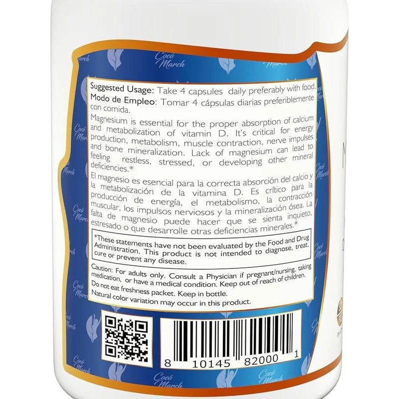 Coco March Magnesium Citrate - Relaxation- Sleep - Nervous & Digestive System Support, Gluten Free, Soy Free, Dairy Free, Keto Friendly, Vegan, 800 mg per Serving, 120 Capsules