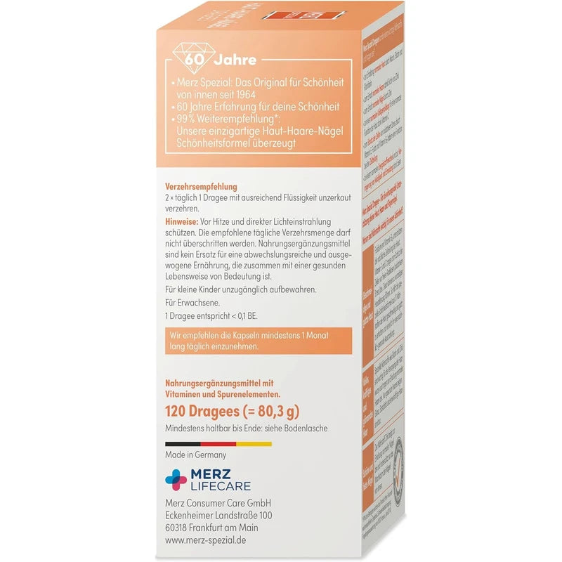 Merz Spezial Skin Hair Nails Dragees - 1 x 120 Tablets - Dietary Supplement with 13 Micro Nutrients for Radiant Skin, Shiny Hair and Firm Fingernail