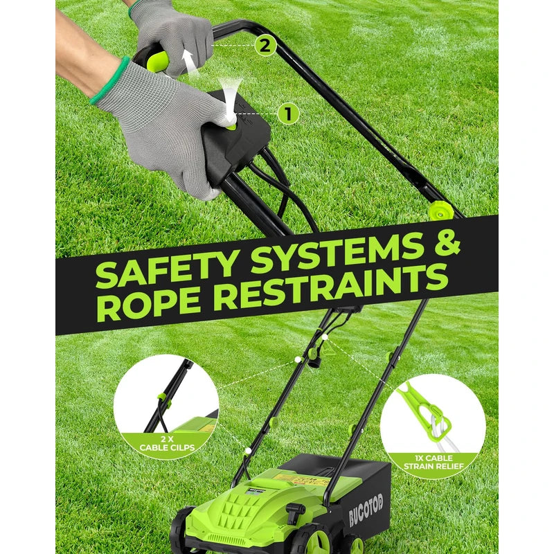 BUCOTOD 2-in-1 Electric Dethatcher and Scarifier, 13-Inch Raking & Scarifying, Turf Dethatcher & with 4-Position Height Adjustment, 14.5 gal Removable Thatch Bag for Lawn Health