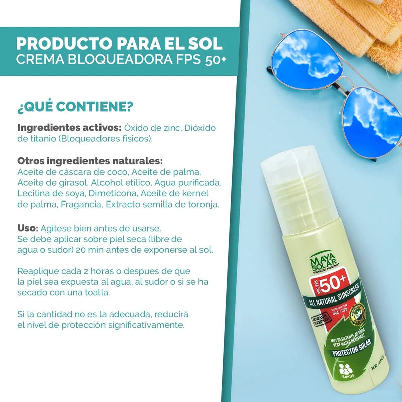 Maya Solar Bloqueador Solar 100% Biodegradable SPF 50+ 75 ml para Viajes
