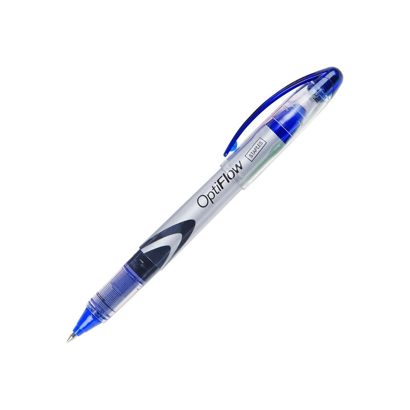 Staples OptiFlow Rollerball Pens, Fine Point, Blue, Dozen